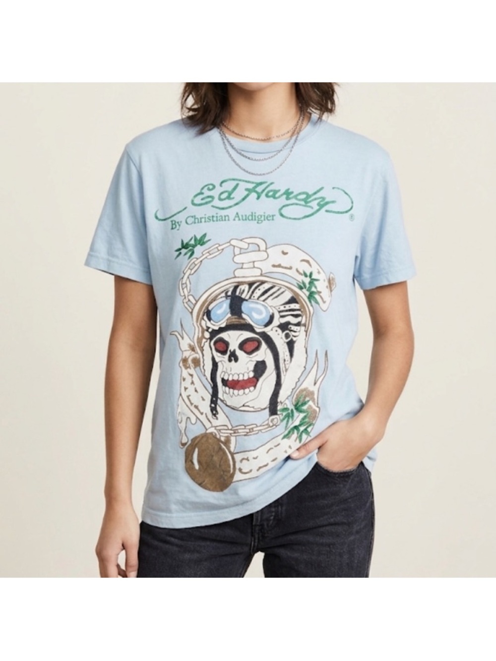 Ed Hardy y2k 2000s Graphic T-Shirt Size Medium Blue Skull